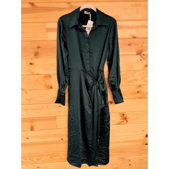 SIMKHAI Jonathon Simkhai Samba Wrap-effect Satin Midi Shirt Dress in Emerald 2 - Picture 3 of 7